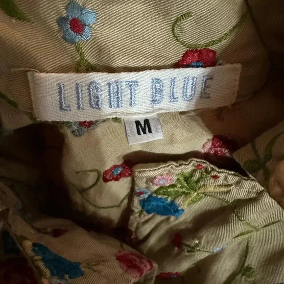 Light blue beautiful tan embroidered flowers long jacket 💐 🌸 size M - Picture 14 of 14